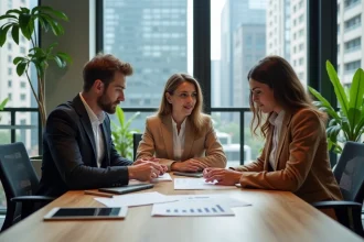 Groupe de jeunes professionnels en réunion dans un bureau moderne