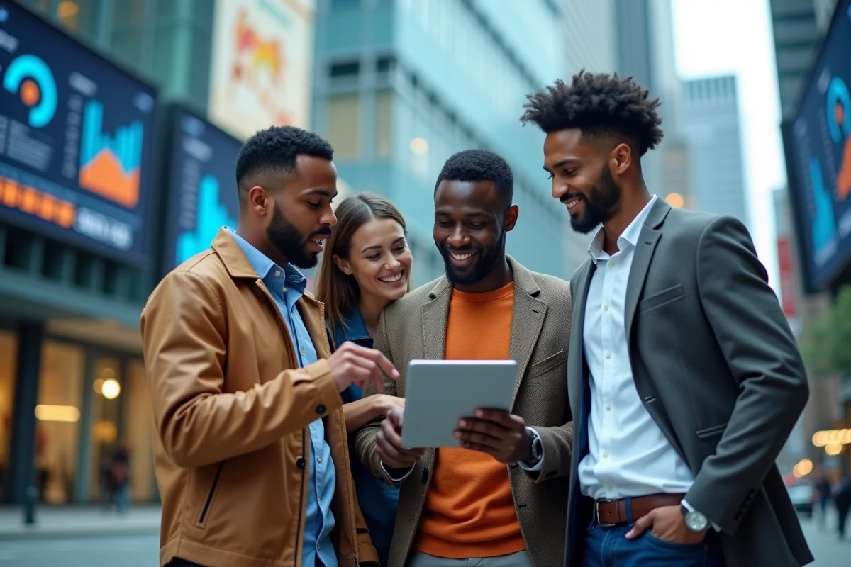 Groupe de professionnels discutant devant un bâtiment moderne
