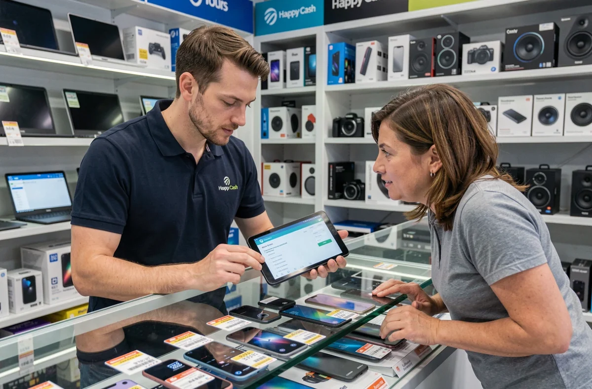 Vendeur présentant un smartphone testé à une cliente dans la boutique Happy Cash de Tours, multimédia et objets d'occasion