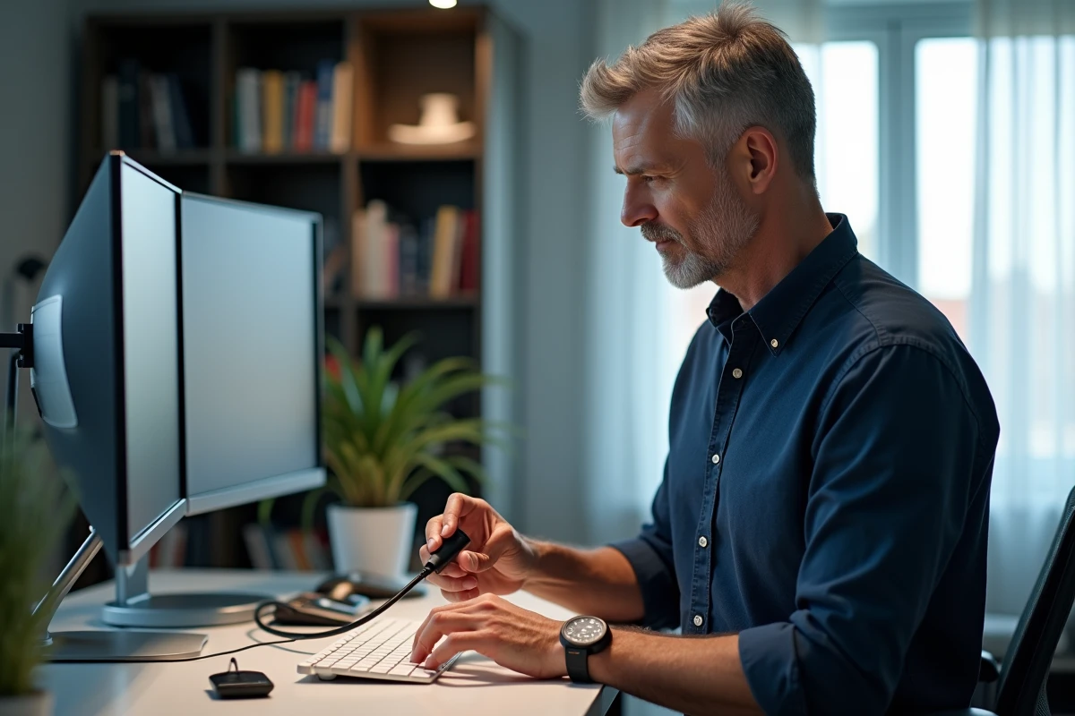 Homme connectant un adaptateur USB-A vers USB-C à son bureau double écran dans un bureau à domicile moderne