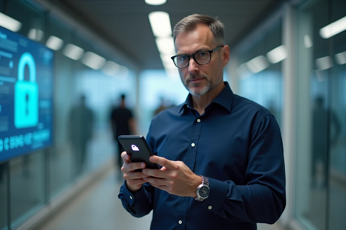 Homme utilisant une application de securite sur son smartphone