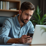 Homme de 30 ans concentré sur son ordinateur dans un bureau moderne