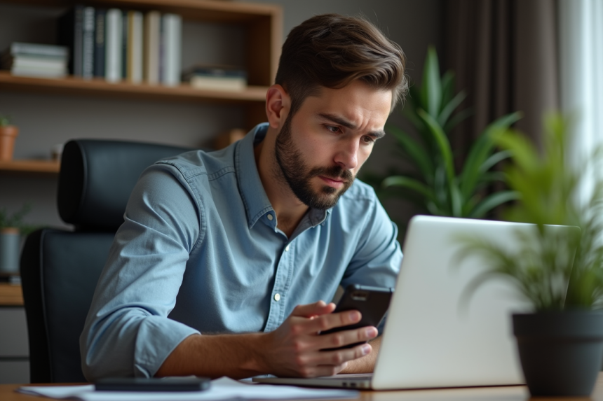 Homme de 30 ans concentré sur son ordinateur dans un bureau moderne