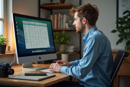 Jeune homme au bureau ordinateur et plantes