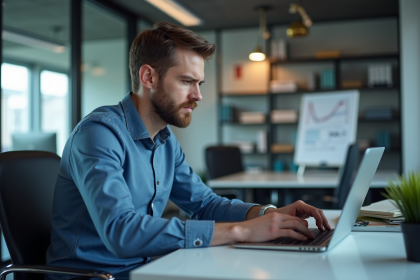 Homme concentré travaillant sur son ordinateur dans un bureau moderne