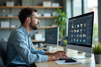Jeune homme en bureau organise dossiers numériques