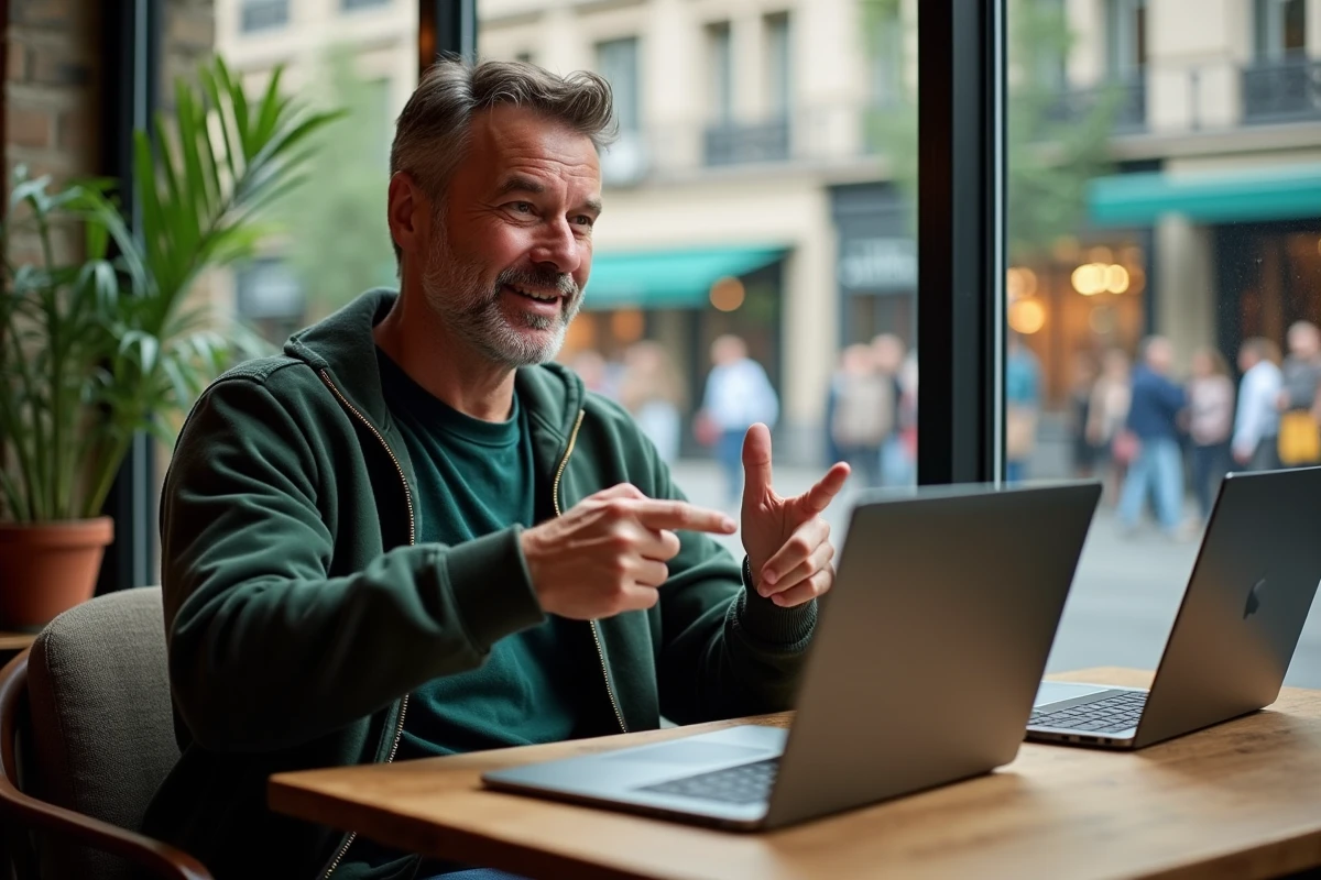 Homme au café explique la difference entre deux laptops