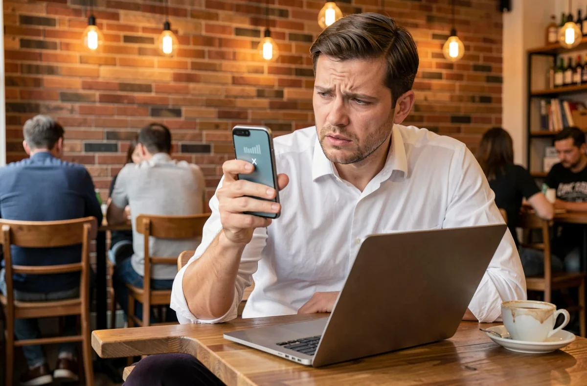 Homme inquiet consultant son téléphone sans réseau mobile dans un café avec un ordinateur portable fermé sur la table