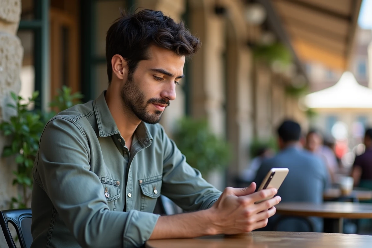 Homme au café sauvegardant une story Instagram