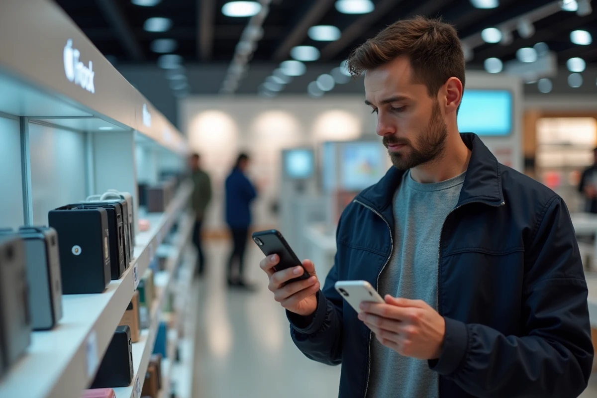 Homme comparant des coques iPhone compatibles MagSafe dans un magasin d'électronique