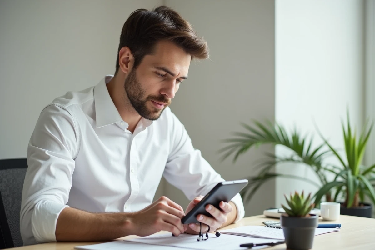 Homme consultant un fichier PDF sur un téléphone Android dans un bureau à domicile