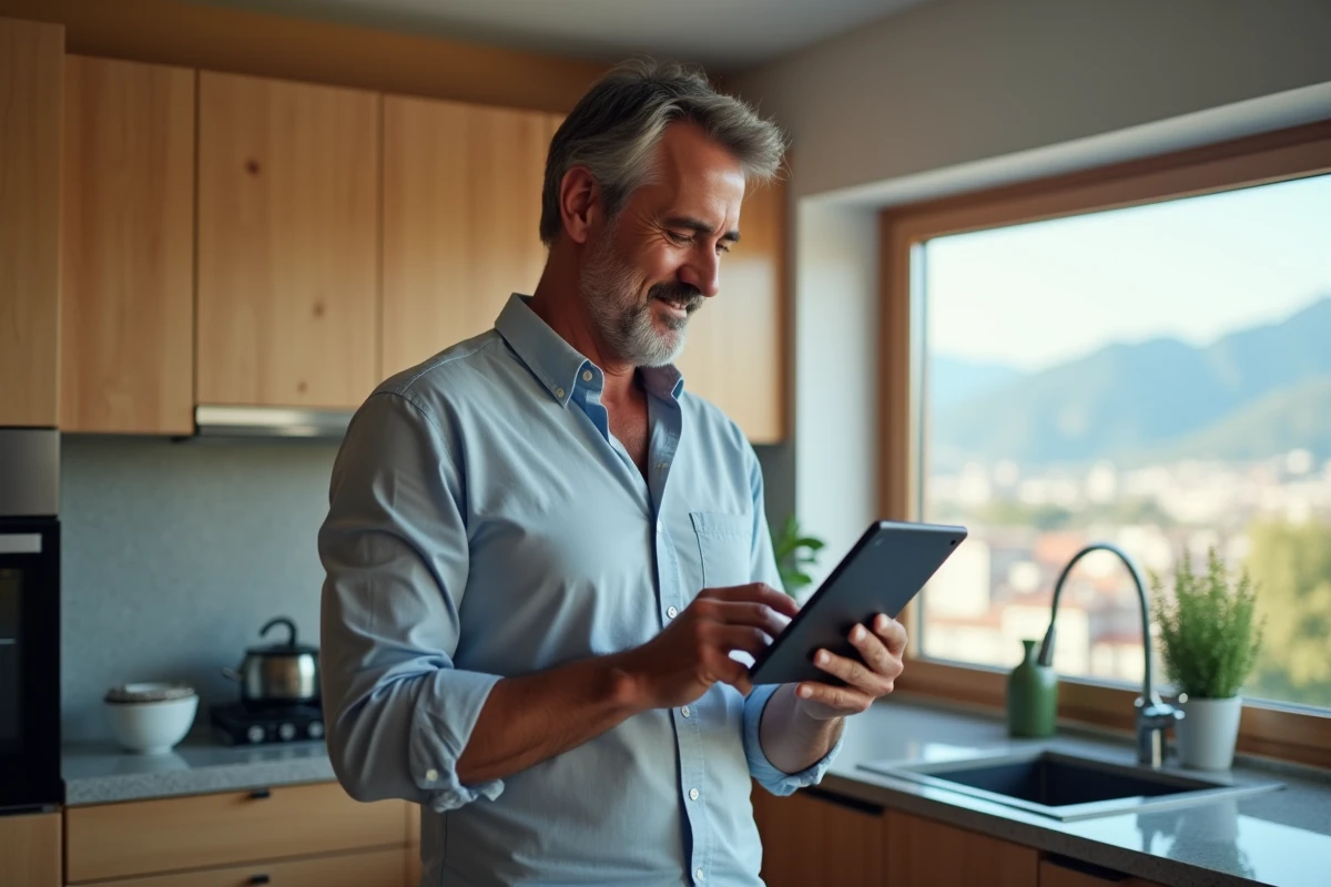 Homme dégageant ses messages sur une tablette dans la cuisine