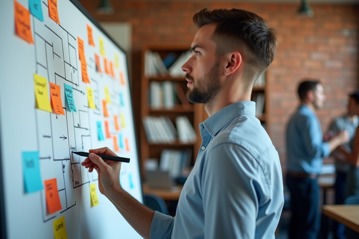 Jeune homme esquissant la structure d un site sur un tableau blanc