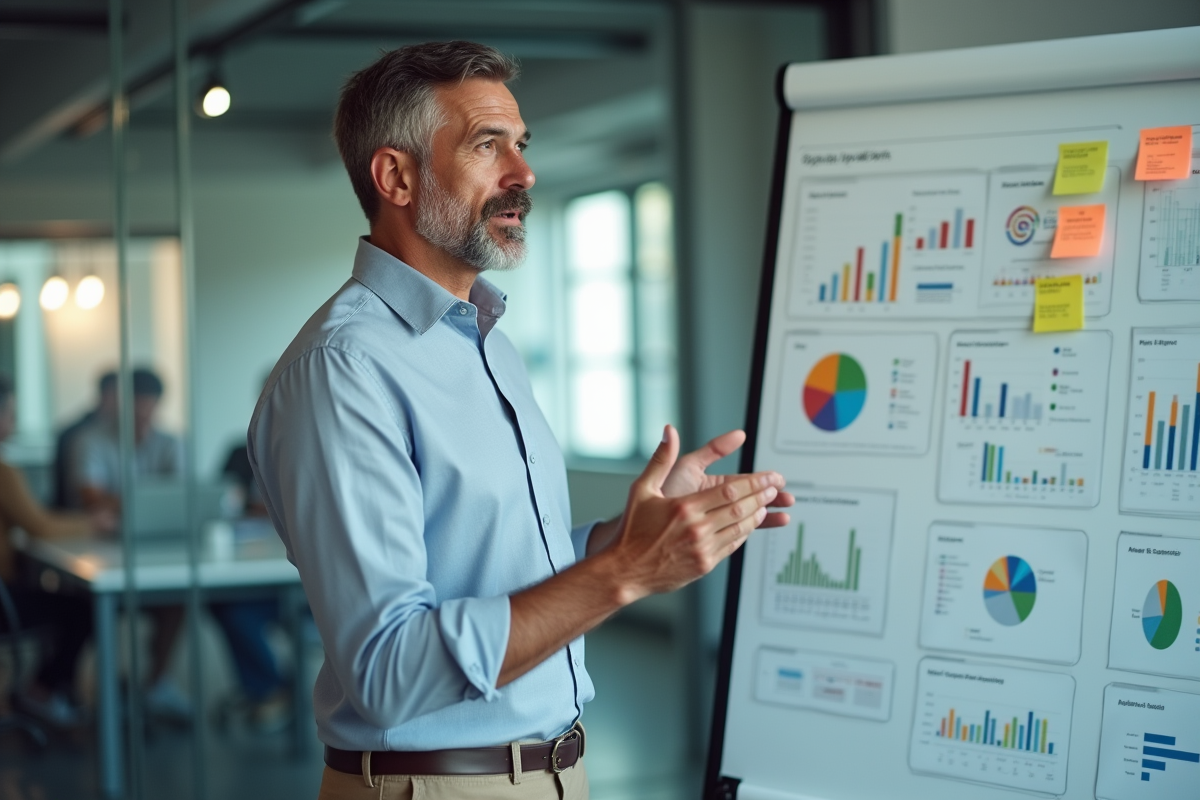 Homme expliquant des graphiques devant un tableau blanc