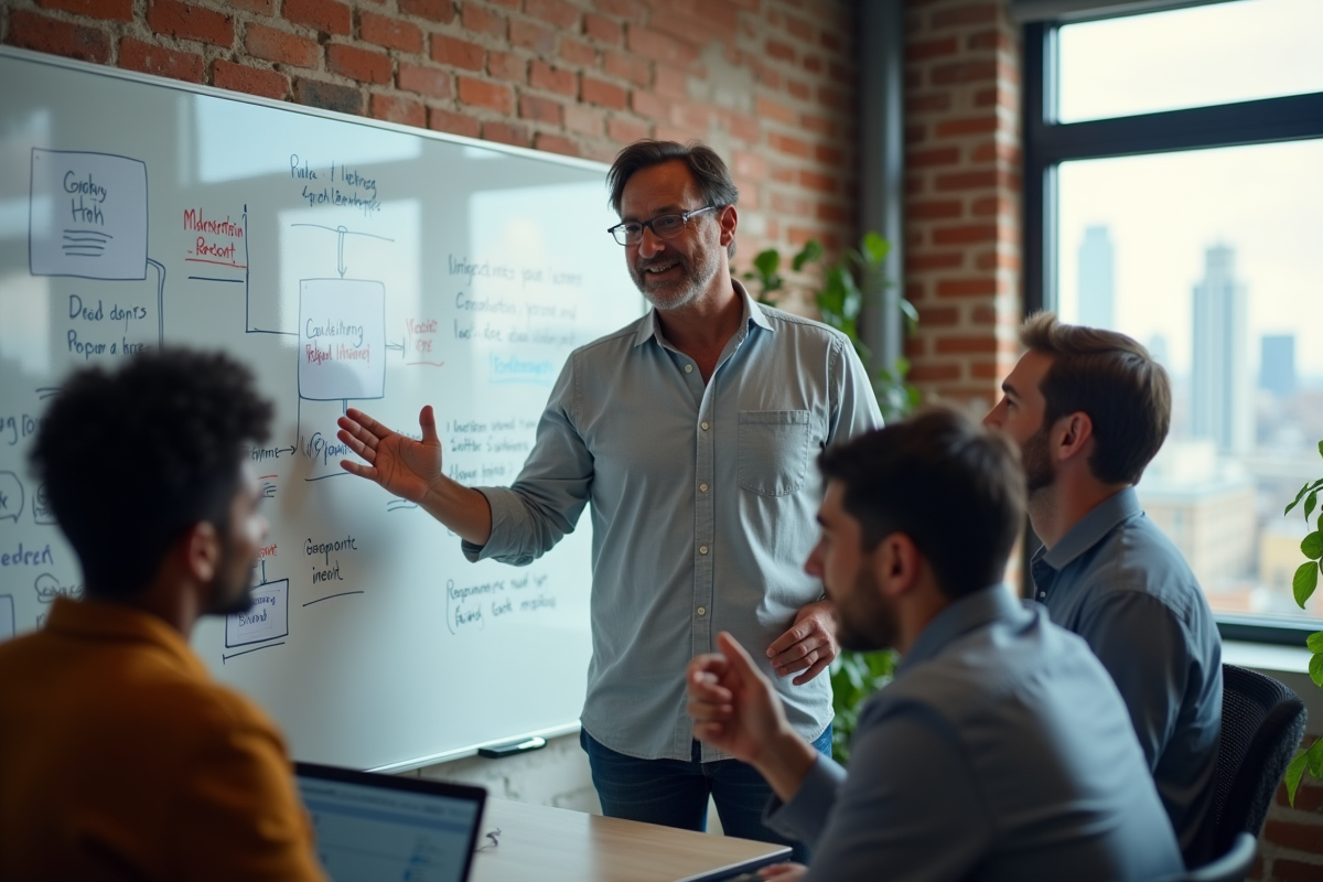Homme en chemise expliquant un workflow marketing devant un tableau blanc