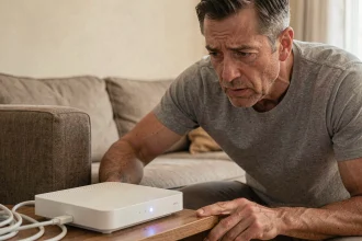 Homme vérifiant le clignotement blanc de sa Livebox après un changement d'offre internet