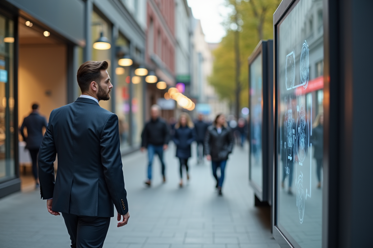 Jeune homme marchant devant un panneau publicitaire en ville
