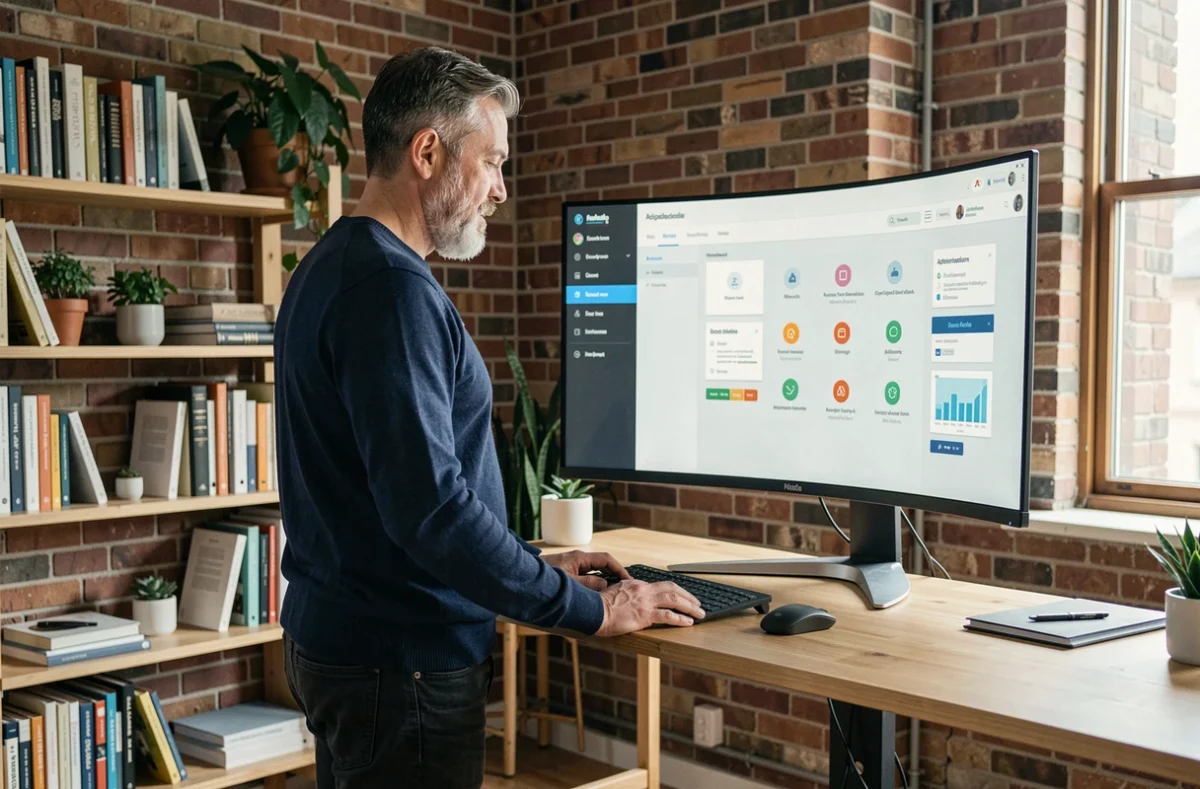 Homme consultant le nouveau portail Econnect MRS sur un grand écran dans un bureau à domicile