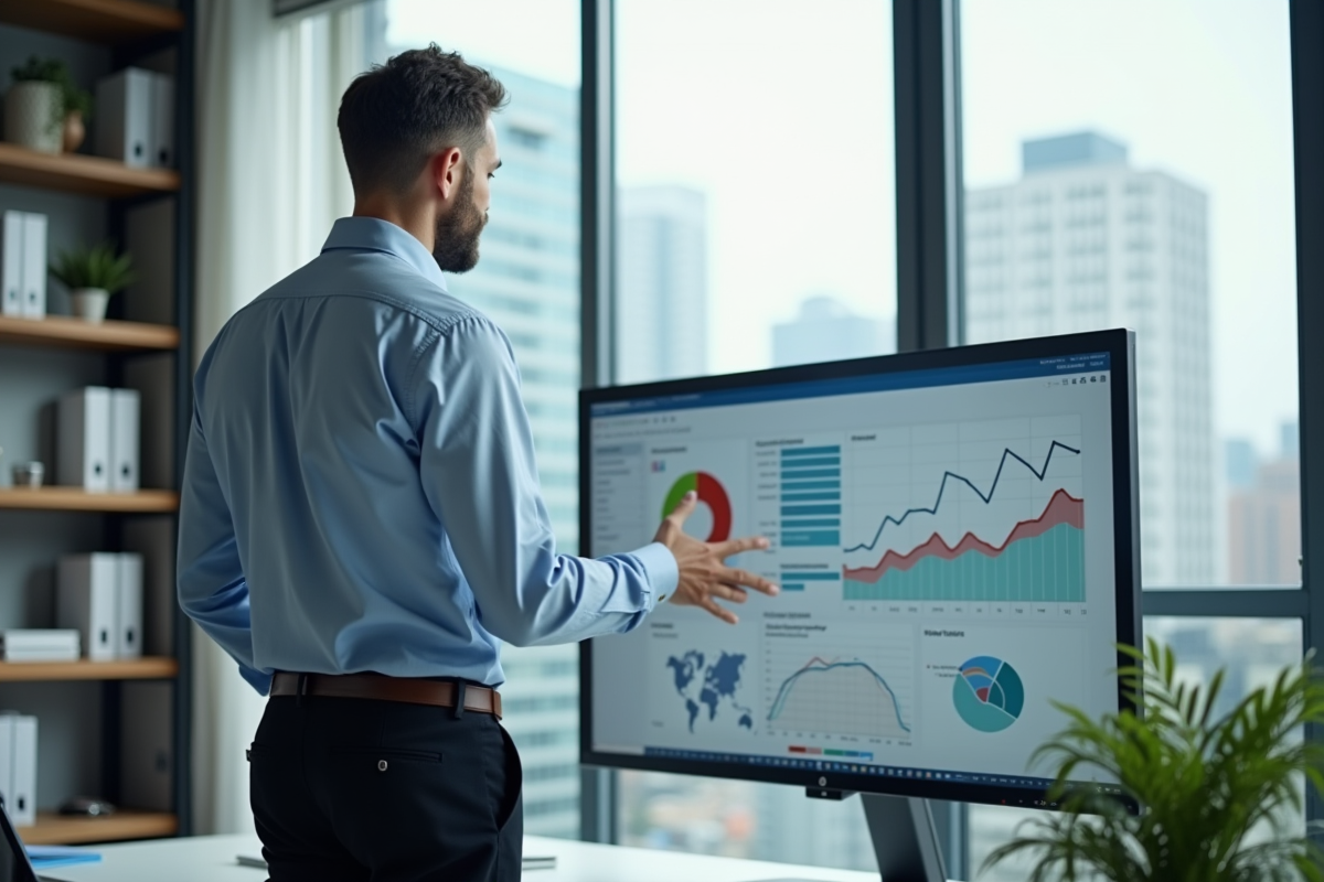 Homme en presentation de rapport SEO dans un bureau lumineux