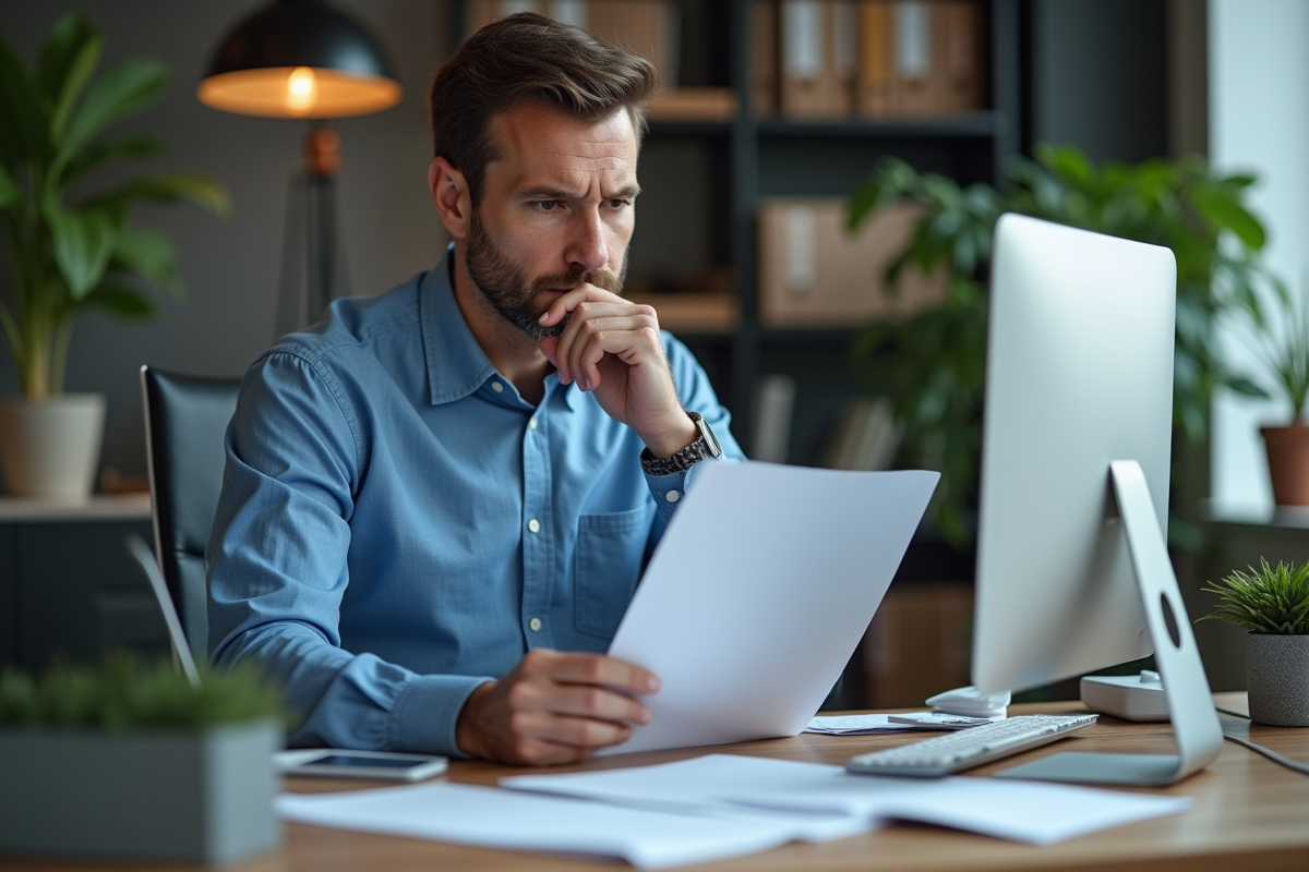 Homme relisant un flyer imprimé dans un bureau professionnel