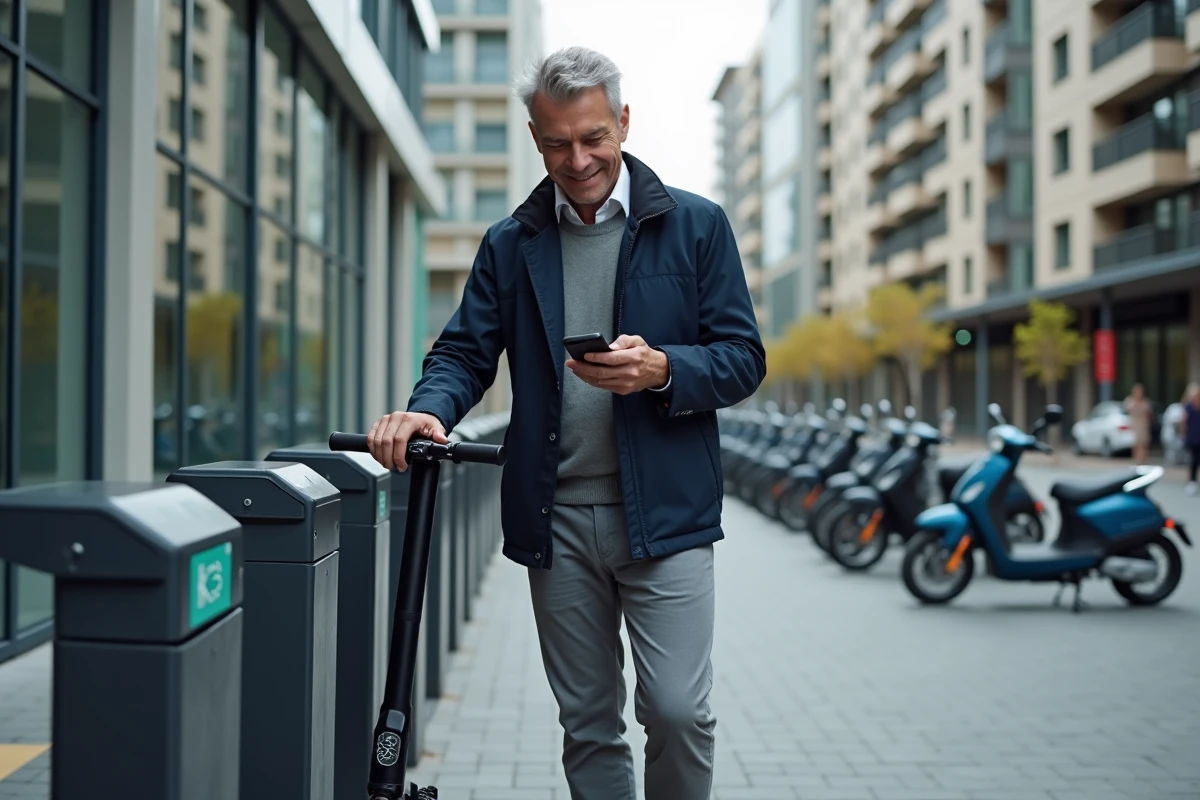 Homme déverrouillant un scooter électrique en ville