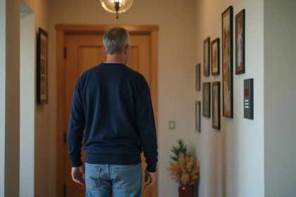 Homme d'âge moyen entrant dans une maison en sécurite
