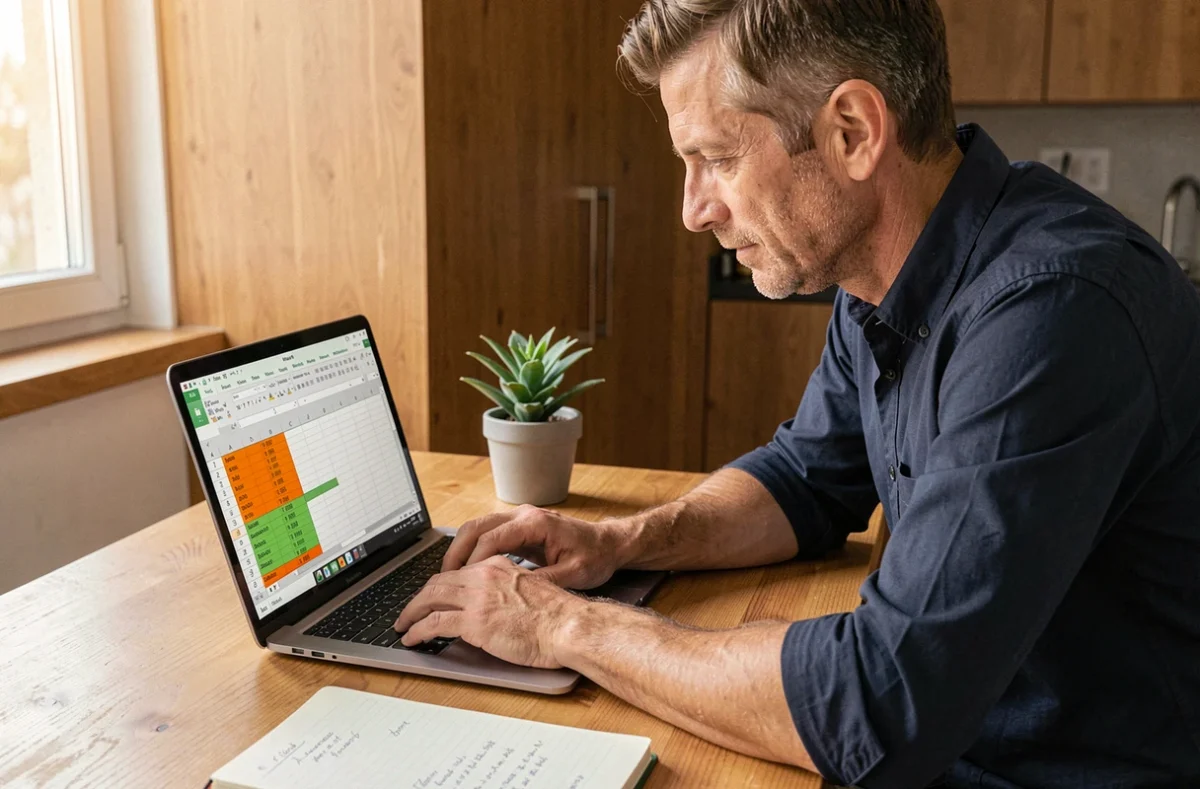Homme travaillant sur un tableau Excel avec mise en forme conditionnelle et formules de soustraction depuis un bureau à domicile