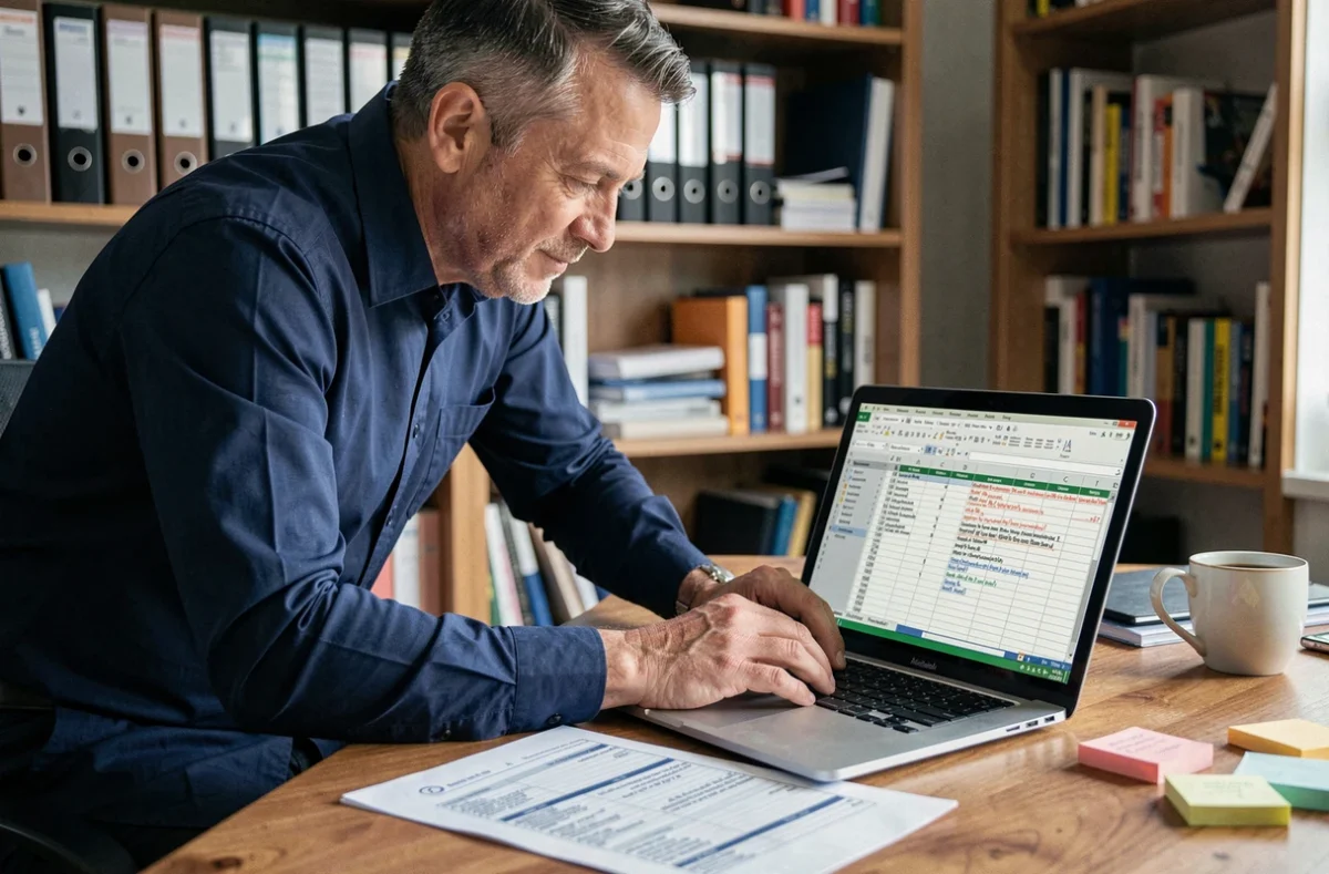 Homme en télétravail consultant un tableau Excel sur ordinateur portable avec formules visibles
