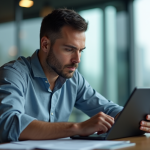 Homme concentré travaillant sur une interface blockchain complexe