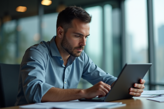 Homme concentré travaillant sur une interface blockchain complexe