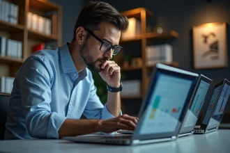 Homme concentré travaillant sur deux ordinateurs portables