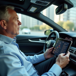 Homme d'âge moyen dans une voiture moderne regarde un avertissement sur un tableau de bord