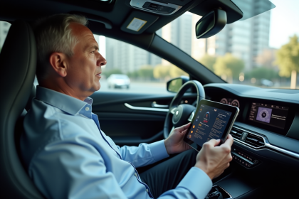 Homme d'âge moyen dans une voiture moderne regarde un avertissement sur un tableau de bord
