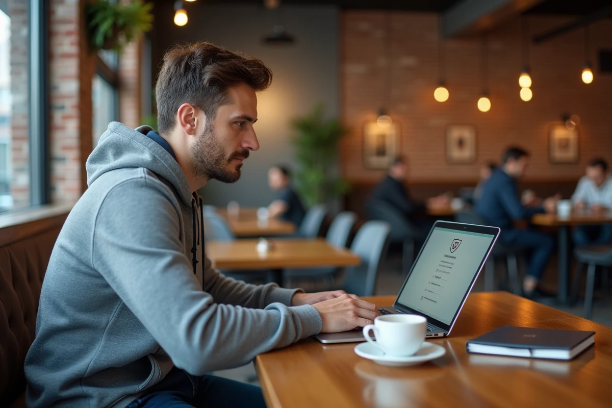 Homme accédant au webmail de l'académie de Grenoble à distance depuis un café avec son ordinateur portable