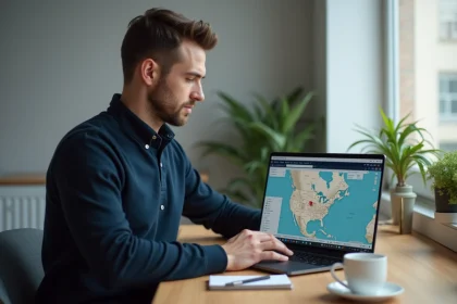 Homme utilisant iCloud Find My sur un PC Windows pour localiser ses appareils Apple depuis un navigateur