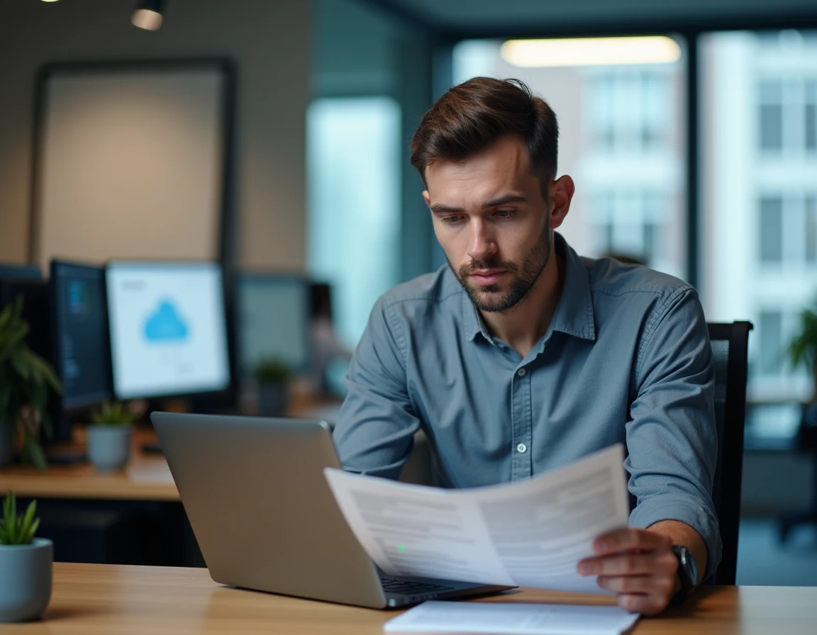 Spécialiste en intégration IT d'IDIX configurant un serveur pour une PME ou collectivité dans un bureau professionnel
