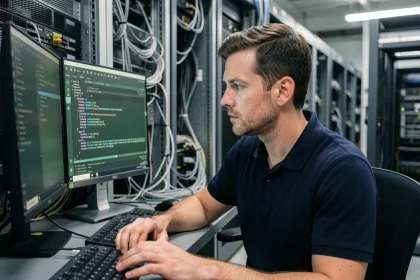 Ingénieur réseau configurant un routeur pour bloquer l'accès à une adresse IP locale depuis l'extérieur