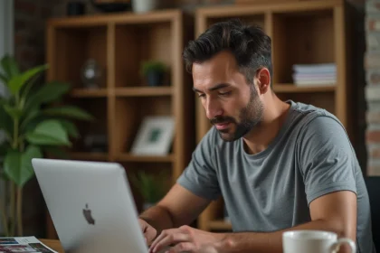 Homme installant une ancienne version de macOS sur un vieux MacBook dans un bureau à domicile