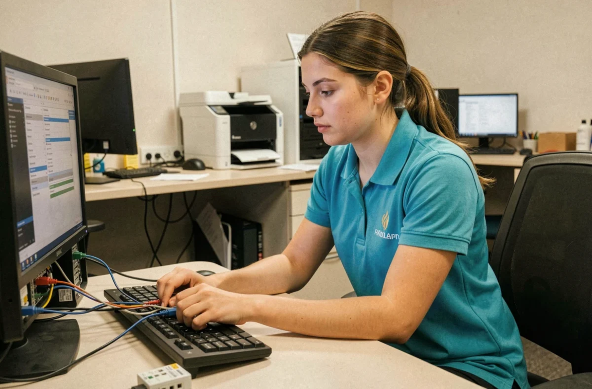 Technicienne d'Izitek réalisant une intervention informatique dans les locaux d'une petite entreprise