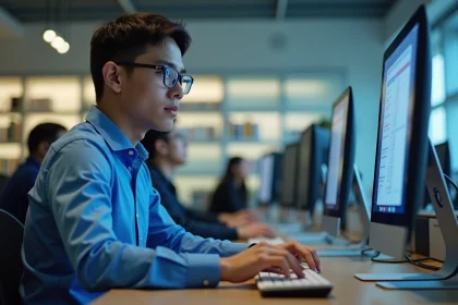 Jeune étudiant international au bureau universitaire