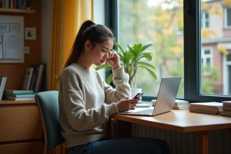Jeune étudiante en salle d'étude avec ordinateur et téléphone
