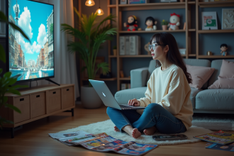 Jeune femme regardant anime dans un salon cosy