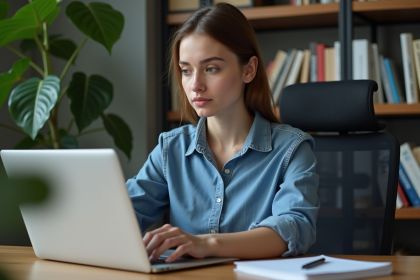 Jeune femme concentrée travaillant sur son ordinateur dans un bureau