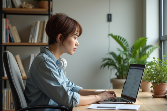 Jeune femme professionnelle travaillant sur un ordinateur dans un bureau lumineux