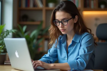 Jeune femme en blouse bleue utilisant un ordinateur dans un bureau moderne