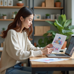 Jeune femme créant une affiche colorée dans un bureau lumineux