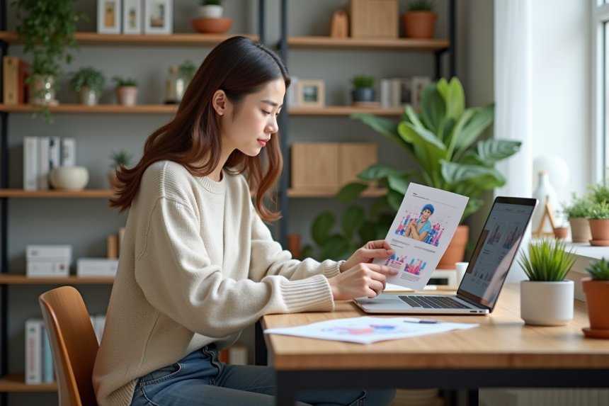 Jeune femme créant une affiche colorée dans un bureau lumineux