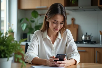 Jeune femme en cuisine vérifiant ses emails sur smartphone