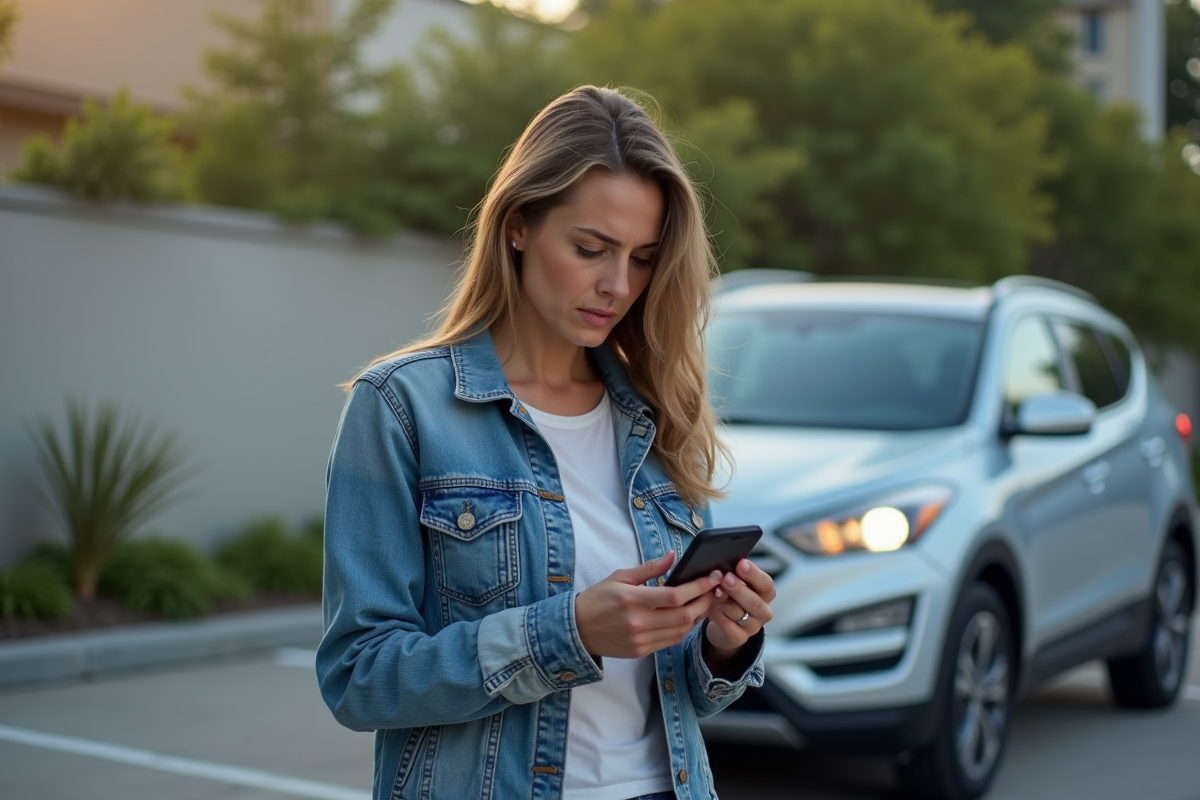 Jeune femme examine une notification de suivi de conduite à côté de son SUV