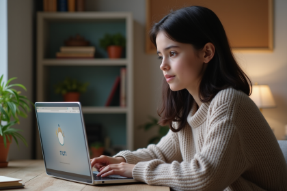 Jeune fille concentrée sur son ordinateur dans sa chambre